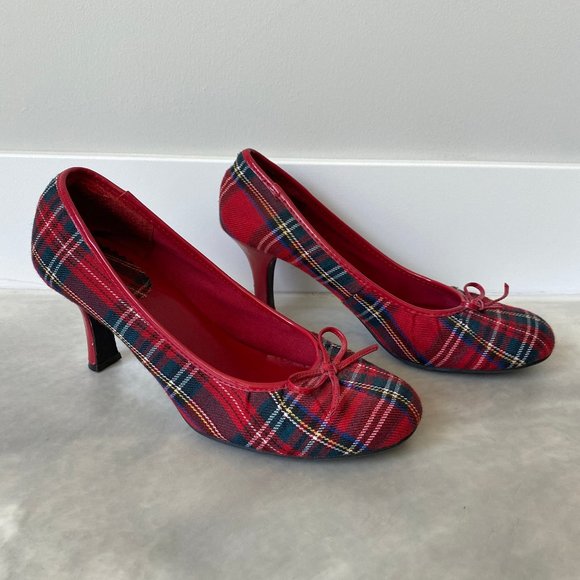 red plaid pumps
